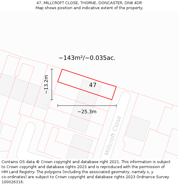 47, MILLCROFT CLOSE, THORNE, DONCASTER, DN8 4DR: Plot and title map