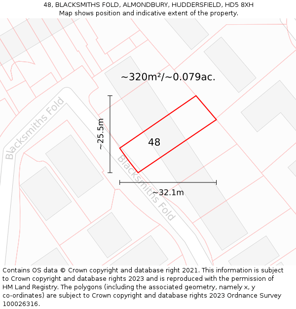 48, BLACKSMITHS FOLD, ALMONDBURY, HUDDERSFIELD, HD5 8XH: Plot and title map