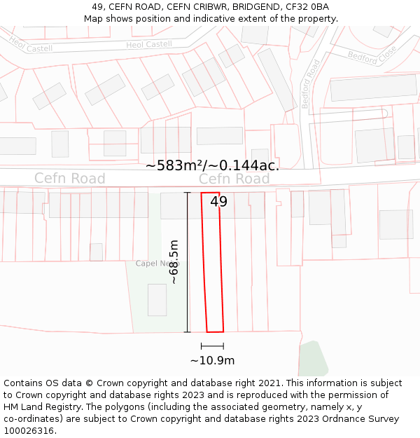 49, CEFN ROAD, CEFN CRIBWR, BRIDGEND, CF32 0BA: Plot and title map
