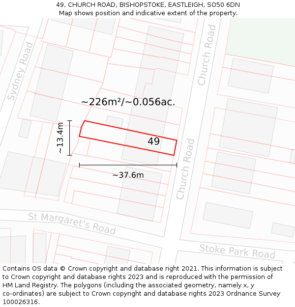49, CHURCH ROAD, BISHOPSTOKE, EASTLEIGH, SO50 6DN: Plot and title map