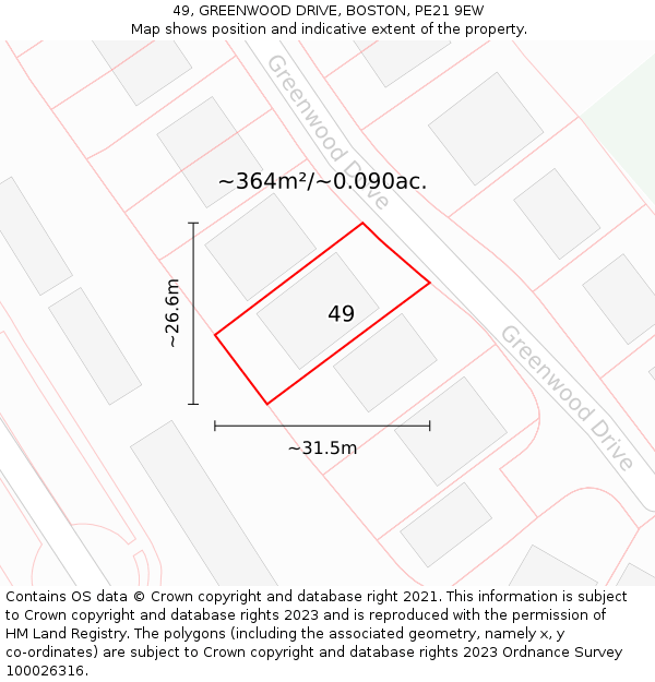 49, GREENWOOD DRIVE, BOSTON, PE21 9EW: Plot and title map