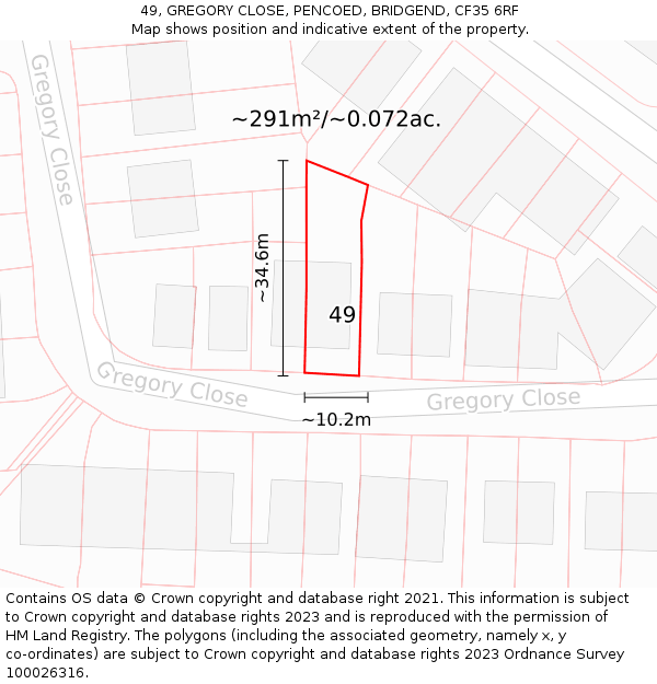 49, GREGORY CLOSE, PENCOED, BRIDGEND, CF35 6RF: Plot and title map