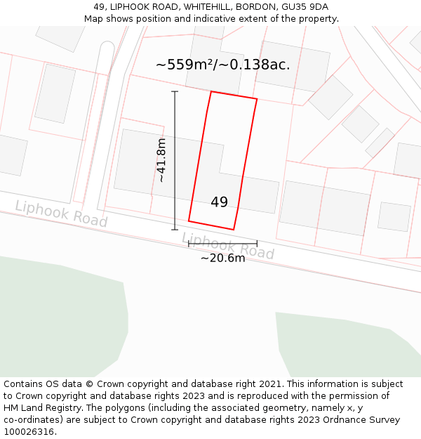 49, LIPHOOK ROAD, WHITEHILL, BORDON, GU35 9DA: Plot and title map