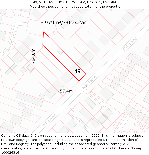 49, MILL LANE, NORTH HYKEHAM, LINCOLN, LN6 9PA: Plot and title map