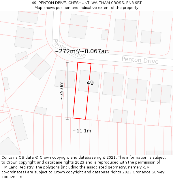 49, PENTON DRIVE, CHESHUNT, WALTHAM CROSS, EN8 9RT: Plot and title map