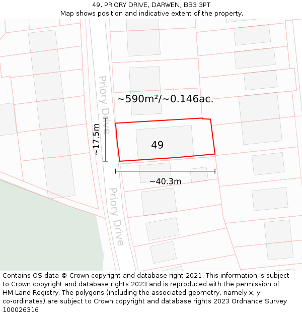 49, PRIORY DRIVE, DARWEN, BB3 3PT: Plot and title map
