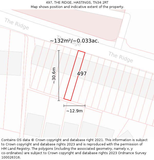 497, THE RIDGE, HASTINGS, TN34 2RT: Plot and title map
