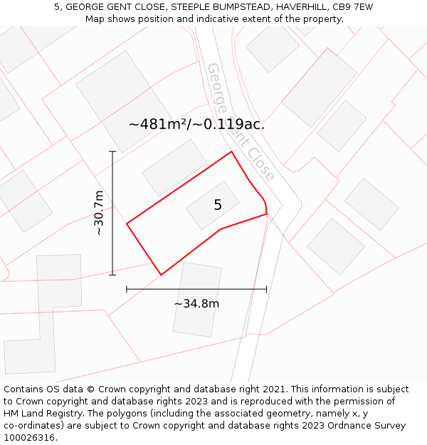 5, GEORGE GENT CLOSE, STEEPLE BUMPSTEAD, HAVERHILL, CB9 7EW: Plot and title map