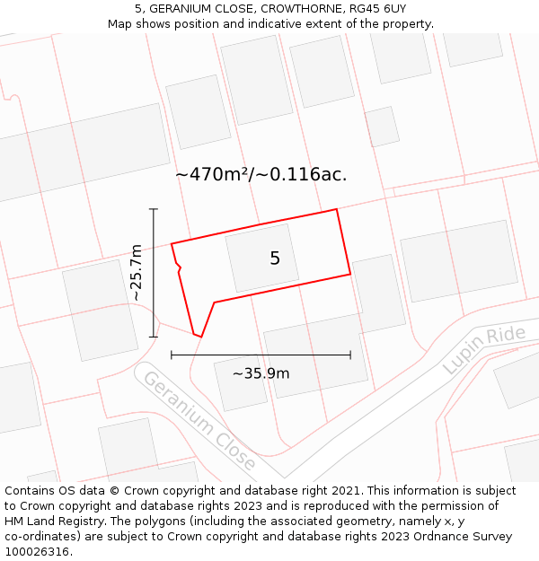 5, GERANIUM CLOSE, CROWTHORNE, RG45 6UY: Plot and title map