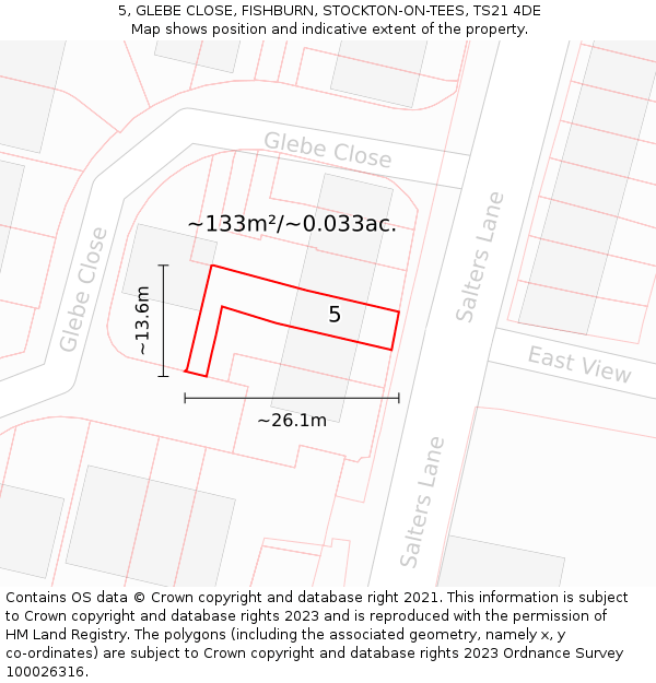 5, GLEBE CLOSE, FISHBURN, STOCKTON-ON-TEES, TS21 4DE: Plot and title map