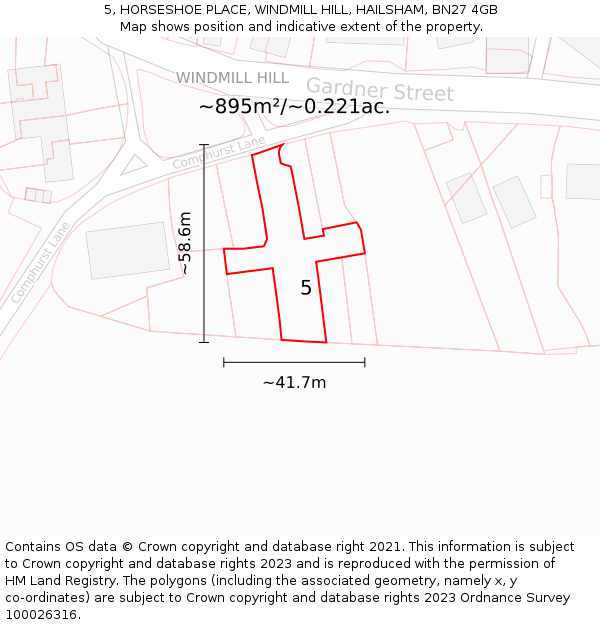 5, HORSESHOE PLACE, WINDMILL HILL, HAILSHAM, BN27 4GB: Plot and title map