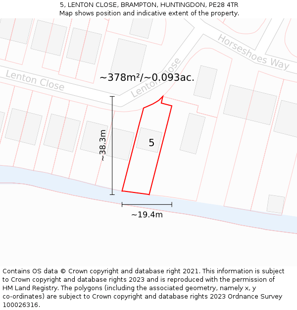 5, LENTON CLOSE, BRAMPTON, HUNTINGDON, PE28 4TR: Plot and title map