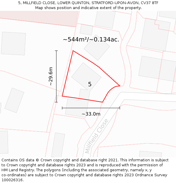 5, MILLFIELD CLOSE, LOWER QUINTON, STRATFORD-UPON-AVON, CV37 8TF: Plot and title map