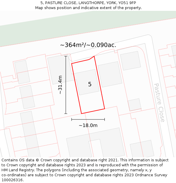 5, PASTURE CLOSE, LANGTHORPE, YORK, YO51 9FP: Plot and title map