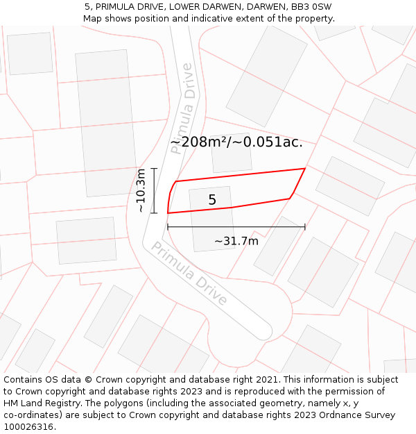 5, PRIMULA DRIVE, LOWER DARWEN, DARWEN, BB3 0SW: Plot and title map