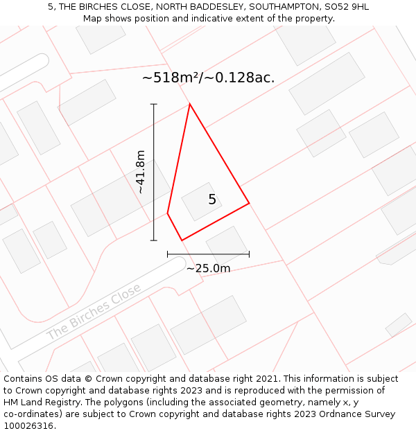 5, THE BIRCHES CLOSE, NORTH BADDESLEY, SOUTHAMPTON, SO52 9HL: Plot and title map