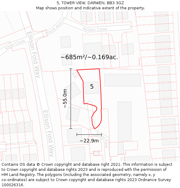 5, TOWER VIEW, DARWEN, BB3 3GZ: Plot and title map