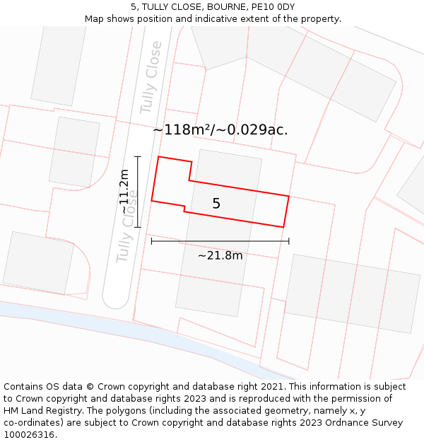 5, TULLY CLOSE, BOURNE, PE10 0DY: Plot and title map
