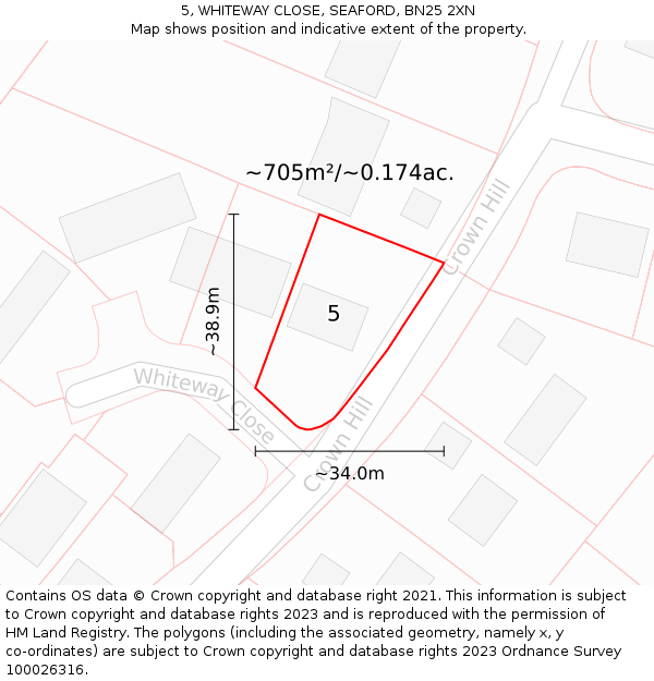 5, WHITEWAY CLOSE, SEAFORD, BN25 2XN: Plot and title map