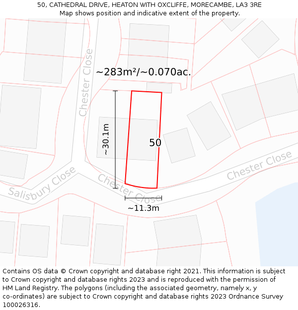 50, CATHEDRAL DRIVE, HEATON WITH OXCLIFFE, MORECAMBE, LA3 3RE: Plot and title map