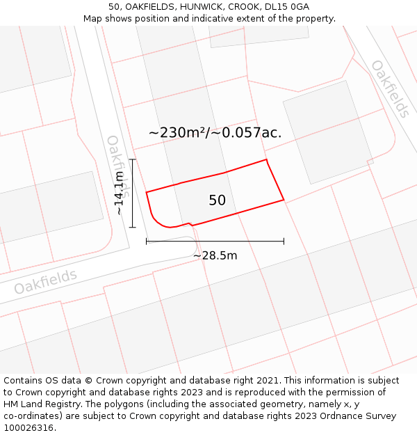 50, OAKFIELDS, HUNWICK, CROOK, DL15 0GA: Plot and title map
