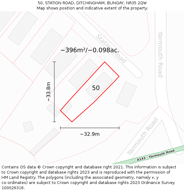 50, STATION ROAD, DITCHINGHAM, BUNGAY, NR35 2QW: Plot and title map
