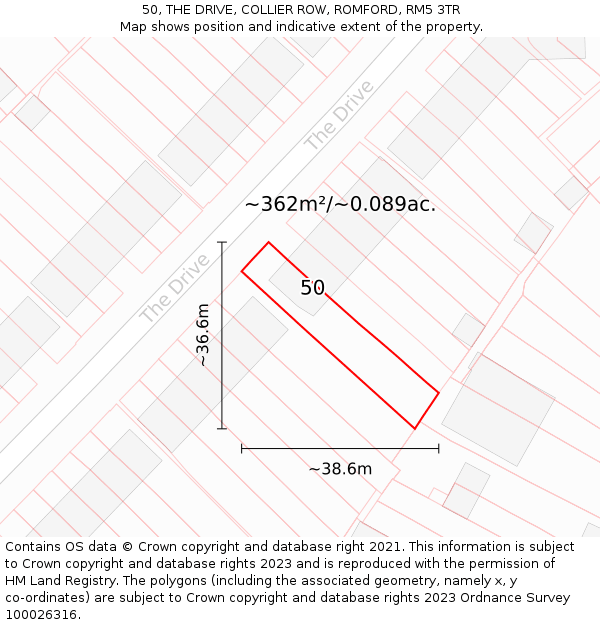 50, THE DRIVE, COLLIER ROW, ROMFORD, RM5 3TR: Plot and title map