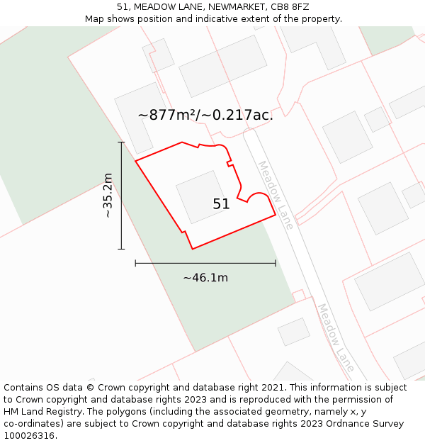51, MEADOW LANE, NEWMARKET, CB8 8FZ: Plot and title map