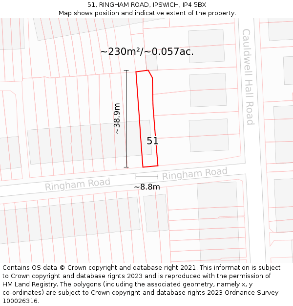 51, RINGHAM ROAD, IPSWICH, IP4 5BX: Plot and title map