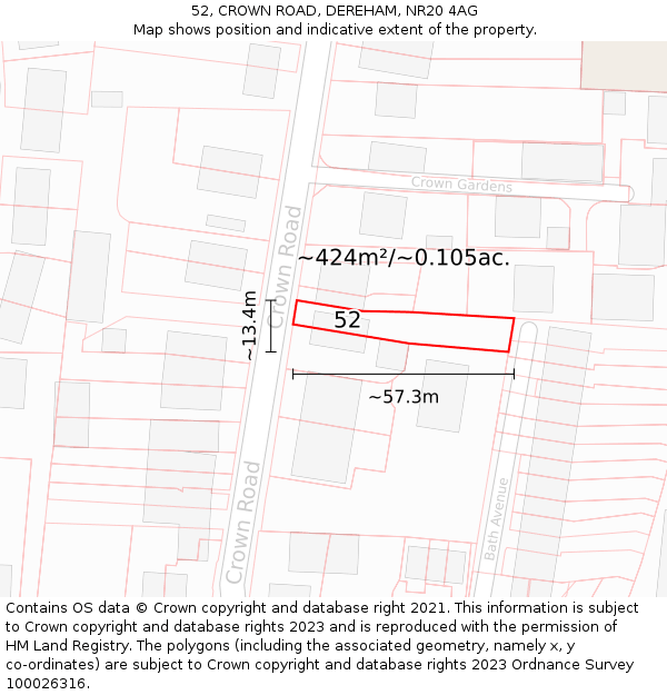 52, CROWN ROAD, DEREHAM, NR20 4AG: Plot and title map