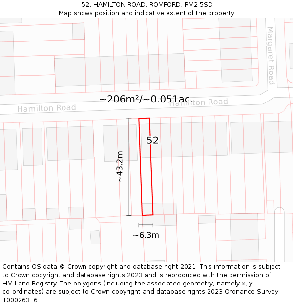 52, HAMILTON ROAD, ROMFORD, RM2 5SD: Plot and title map