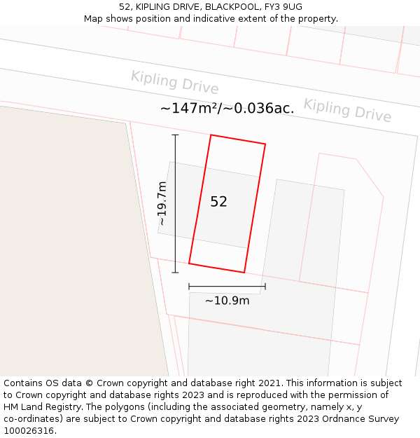 52, KIPLING DRIVE, BLACKPOOL, FY3 9UG: Plot and title map