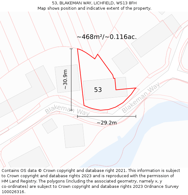 53, BLAKEMAN WAY, LICHFIELD, WS13 8FH: Plot and title map