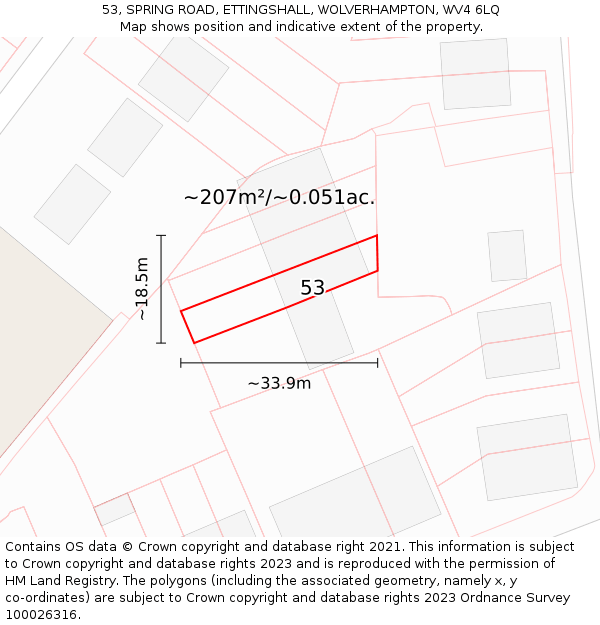 53, SPRING ROAD, ETTINGSHALL, WOLVERHAMPTON, WV4 6LQ: Plot and title map