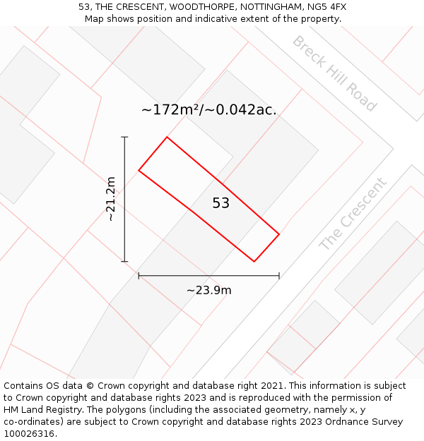 53, THE CRESCENT, WOODTHORPE, NOTTINGHAM, NG5 4FX: Plot and title map