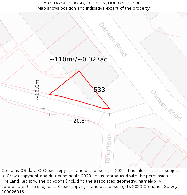 533, DARWEN ROAD, EGERTON, BOLTON, BL7 9ED: Plot and title map
