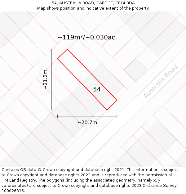 54, AUSTRALIA ROAD, CARDIFF, CF14 3DA: Plot and title map