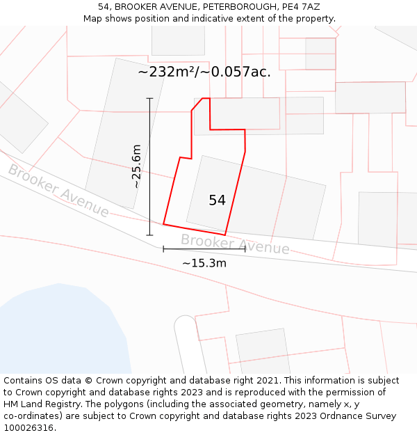 54, BROOKER AVENUE, PETERBOROUGH, PE4 7AZ: Plot and title map