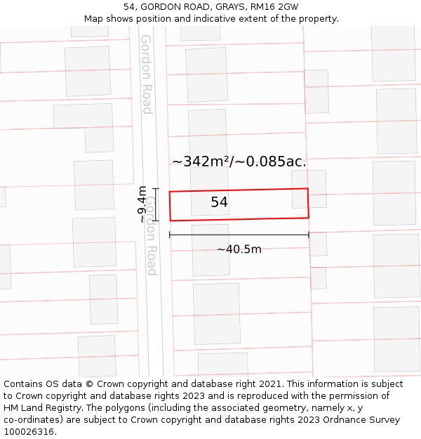 54, GORDON ROAD, GRAYS, RM16 2GW: Plot and title map