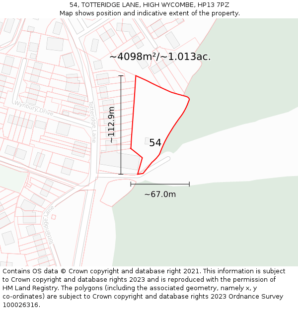 54, TOTTERIDGE LANE, HIGH WYCOMBE, HP13 7PZ: Plot and title map
