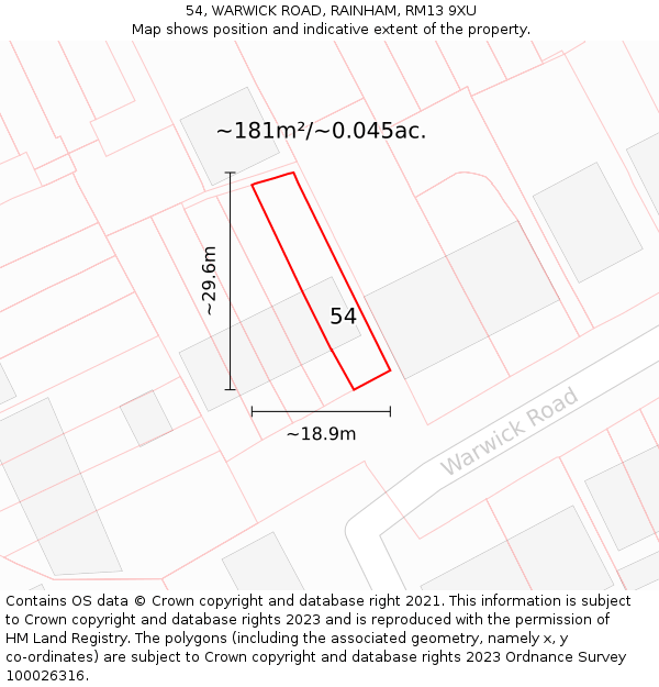 54, WARWICK ROAD, RAINHAM, RM13 9XU: Plot and title map