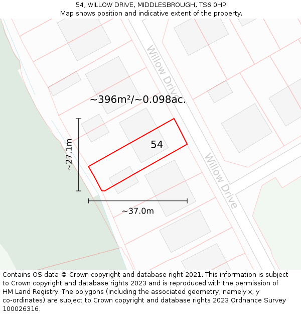 54, WILLOW DRIVE, MIDDLESBROUGH, TS6 0HP: Plot and title map