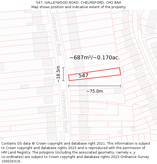 547, GALLEYWOOD ROAD, CHELMSFORD, CM2 8AA: Plot and title map