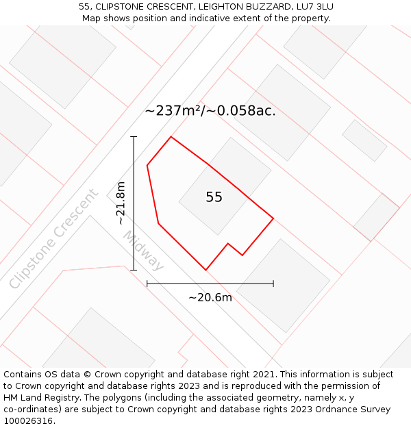 55, CLIPSTONE CRESCENT, LEIGHTON BUZZARD, LU7 3LU: Plot and title map