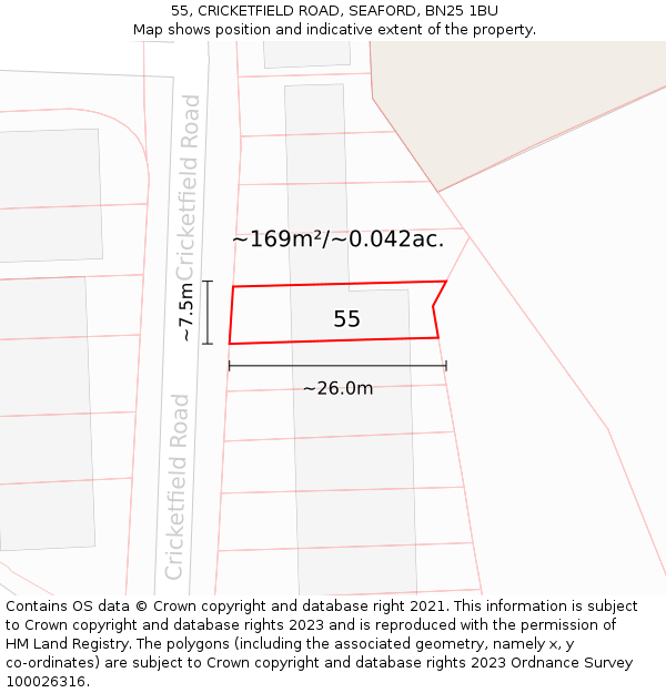 55, CRICKETFIELD ROAD, SEAFORD, BN25 1BU: Plot and title map
