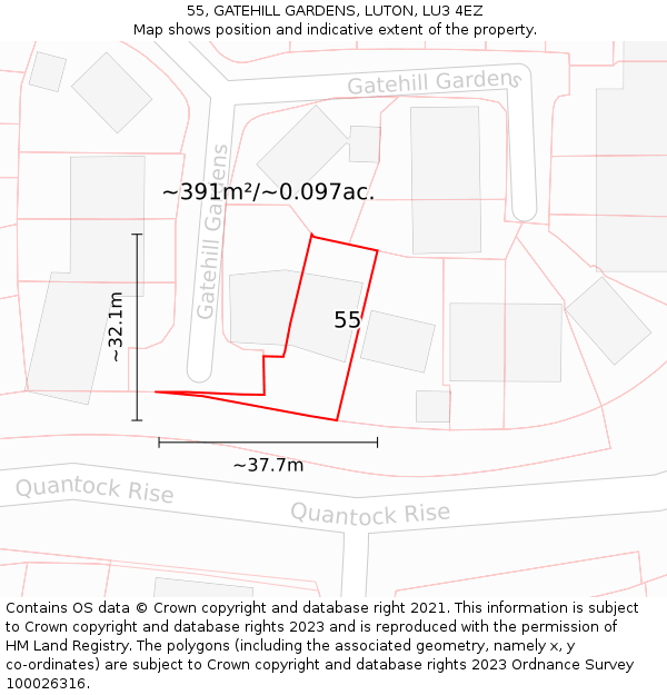 55, GATEHILL GARDENS, LUTON, LU3 4EZ: Plot and title map