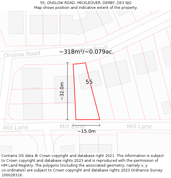 55, ONSLOW ROAD, MICKLEOVER, DERBY, DE3 9JG: Plot and title map