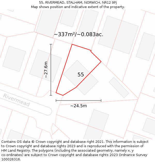55, RIVERMEAD, STALHAM, NORWICH, NR12 9PJ: Plot and title map