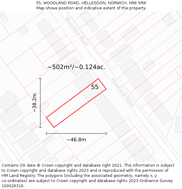 55, WOODLAND ROAD, HELLESDON, NORWICH, NR6 5RW: Plot and title map
