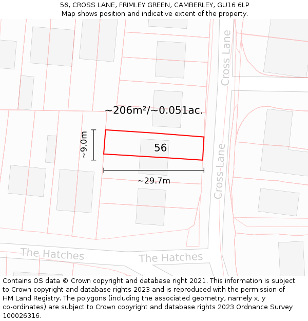 56, CROSS LANE, FRIMLEY GREEN, CAMBERLEY, GU16 6LP: Plot and title map